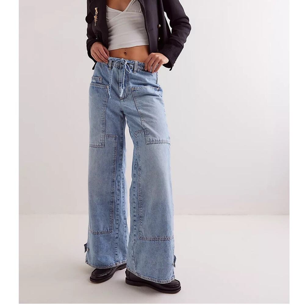 Free People CRVY Outlaw Wide Leg Jeans Light Wash Size L